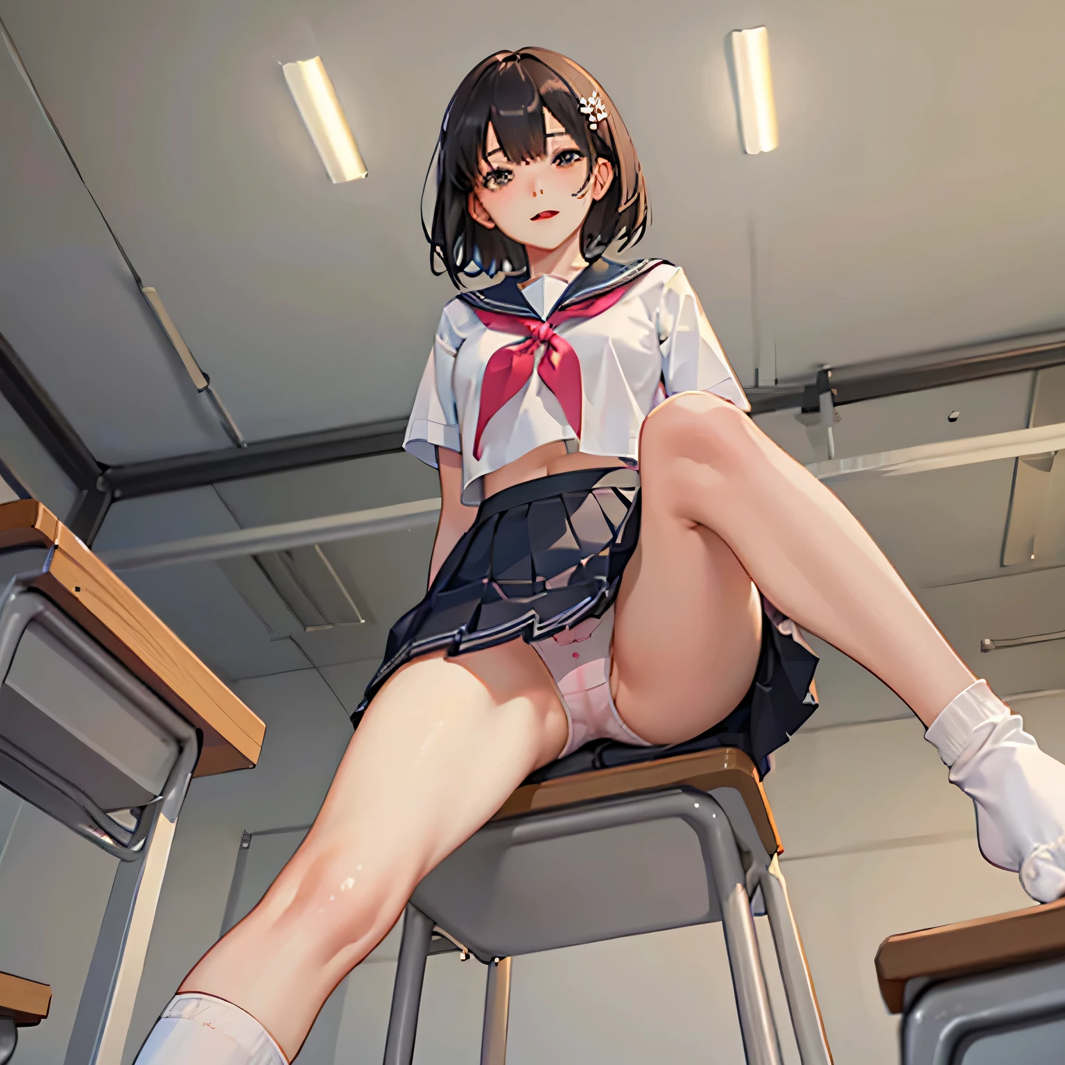 from below,( Panty shots from between the desks:1.2).(from below:1.5)
(on the desks itting:1.3), girl on top, 1girl,black hair,23yo. spread legs,, medium breasts, , white, [nude:underwear:0.2],(polka dot panties), cameltoe,bob cut, , serafuku, undressing,( open chest), ,((microskirt,)) , neck ribbon, laughing, in classroom, masterpiece, kawaii,,((stand)),open legs,((loose socks)) he