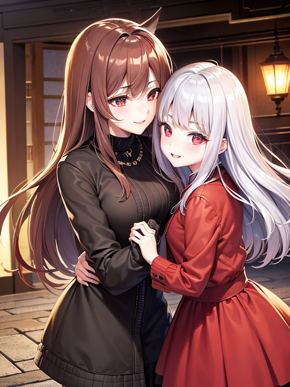 red eyes,details:1.5,(best quality,8k,highres,masterpiece:1.2),ultra-detailed, Foxy boy:1.1, with Brown hair,evils smile,casual clothes,Foxy girl:1.1, with silver hair,feminine,blushing cheeks,near kiss