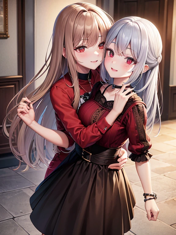 red eyes,details:1.5,(best quality,8k,highres,masterpiece:1.2),ultra-detailed, Foxy boy:1.1, with Brown hair,evils smile,casual clothes,Foxy girl:1.1, with silver hair,feminine,blushing cheeks,near kiss