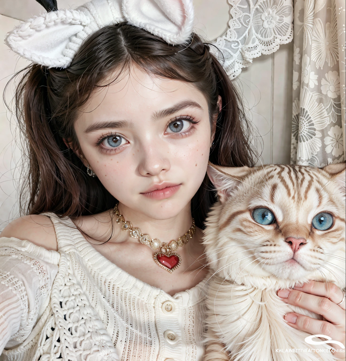 there is a woman holding a gato and wearing bunny ears, ulzzang, gato - like scarlet eyes, con ojos rojos brillantes, very beautiful cute gatochica, cruel korean goth chica, ojos rojos y cara delgada, maquillaje popular de corea del sur, con enormes ojos luminosos y tristes, blanco ( gato ) chica, con ojos rojos brillantes, con ojos ambarinos