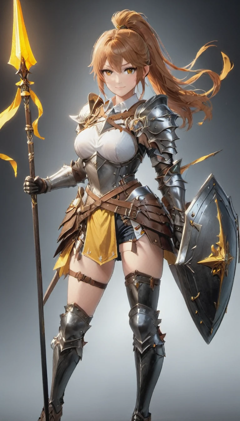 1girl, solo, shield, weapon, thighhighs, polearm, gloves, boots, long-hair, black-background, armor, brown-gloves, ponytail, orange-hair, full-body spear, ribbon, holding, simple-background, holding-weapon, looking-at-viewer, hair-ribbon, black-thighhighs, brown-footwear, smile, brown-eyes, shirt, yellow-eyes, standing, shorts, knee-pads, blue-ribbon, belt, shoulder-armor, white-shirt, vest, ((Spear and Shield)), ((big boobs) 1.2)