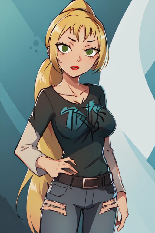 1girl, bridgette_total_drama, blonde hair, ponytail, green eyes, solo, standing, black t-shirt, white shirt, blue jeans, belt, lipstick, large breasts