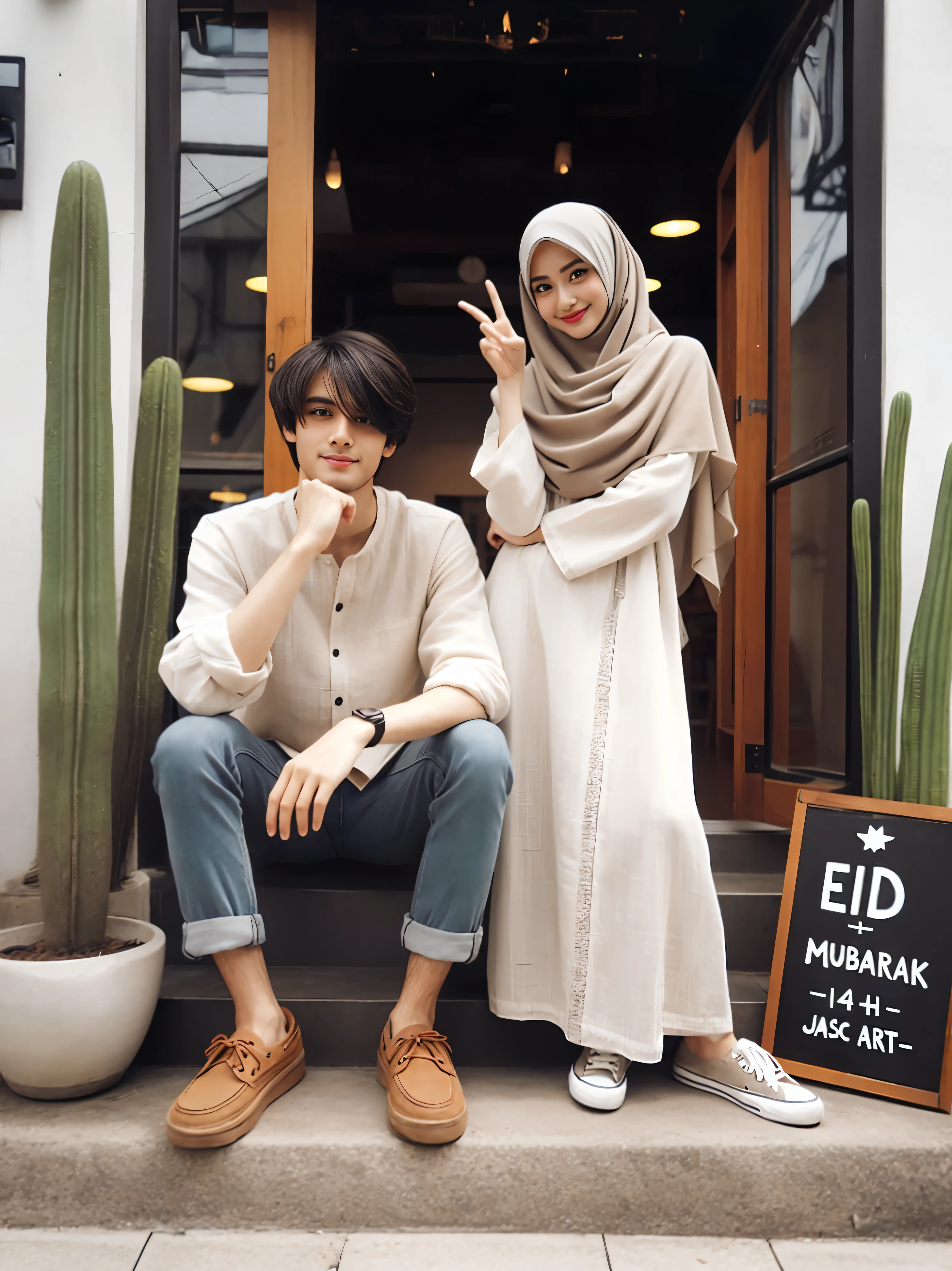 they are sitting on the steps of a building with a sign, couple pose, lovely couple, happy couple, white hijab, couple, 😭🤮 💔, wearing correct era clothes, 🤬 🤮 💕 🎀, full body photogenic shot, style of ade santora, casual clothing style, casual modern clothing, hijab, ✨🕌🌙, on a street