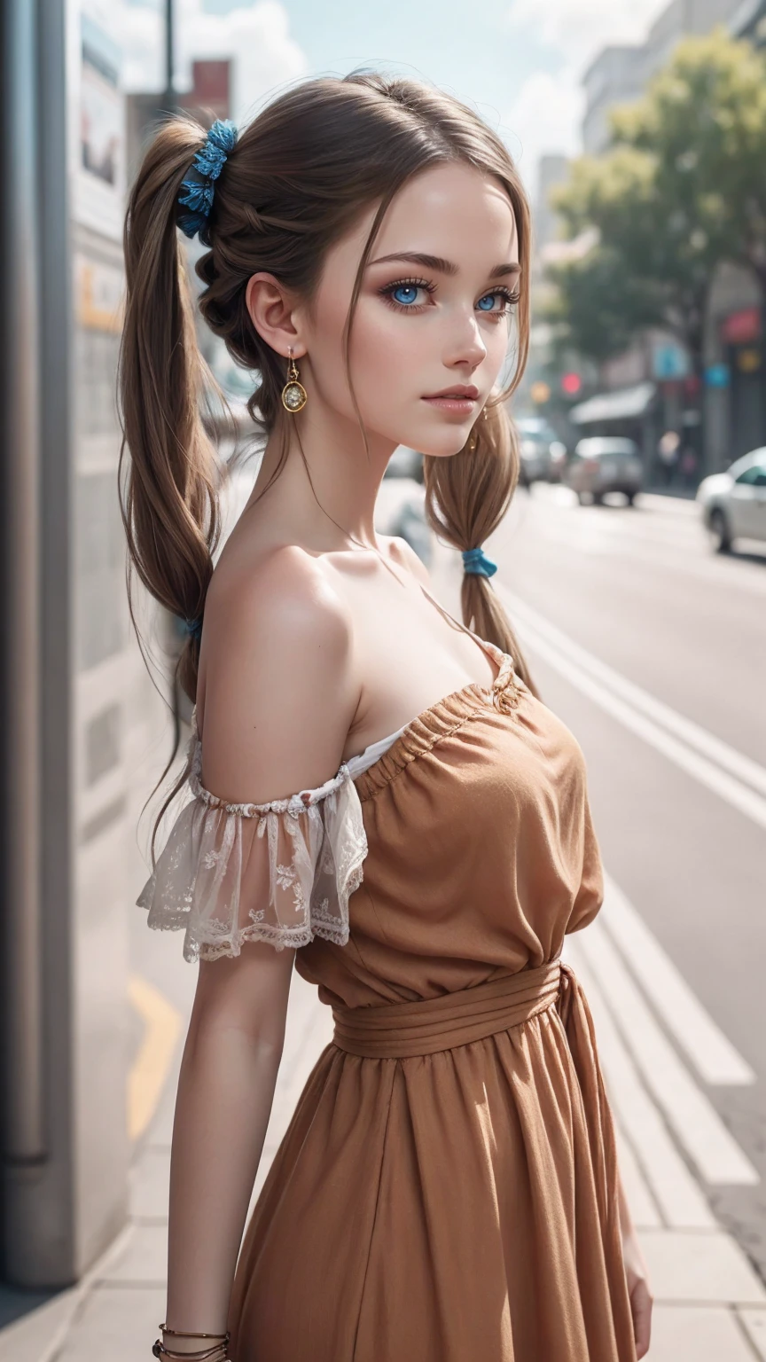 (最high quality, 8K, masterpiece: 1.3, Ultra HD, high quality, 最high quality, High resolution, realism)) 、25 year old white woman、brunette、blue eyes、long hair、smile、slender、slenderだがアスリートのような細マッチョ、I don't want my head to disappear from the screen.、Wear accessories on your wrist、Wearing red nail polish、I have a peticure、Wear a sheer one-shoulder dress、wear sandals、Carry a tote bag over your shoulder、Skyscraper background、Waiting for a traffic light at an intersection、crystal earrings((crystal earrings))、twin tails((twintails))
