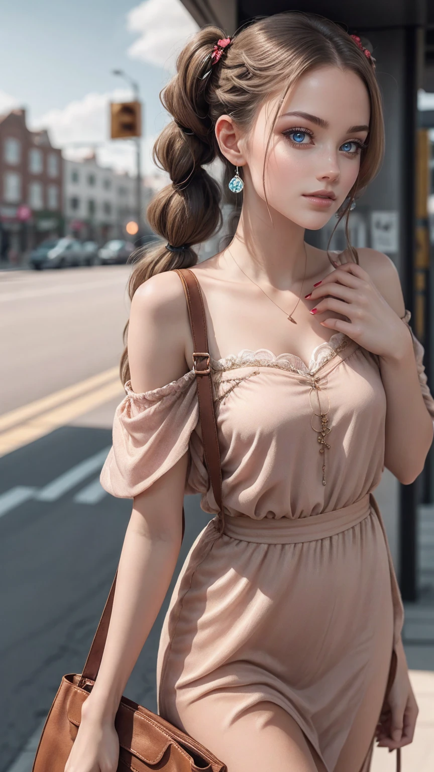 (最high quality, 8K, masterpiece: 1.3, Ultra HD, high quality, 最high quality, High resolution, realism)) 、25 year old white woman、brunette、blue eyes、long hair、smile、slender、slenderだがアスリートのような細マッチョ、I don't want my head to disappear from the screen.、Wear accessories on your wrist、Wearing red nail polish、I have a peticure、Wear a sheer one-shoulder dress、wear sandals、Carry a tote bag over your shoulder、Skyscraper background、Waiting for a traffic light at an intersection、crystal earrings((crystal earrings))、twin tails((twintails))