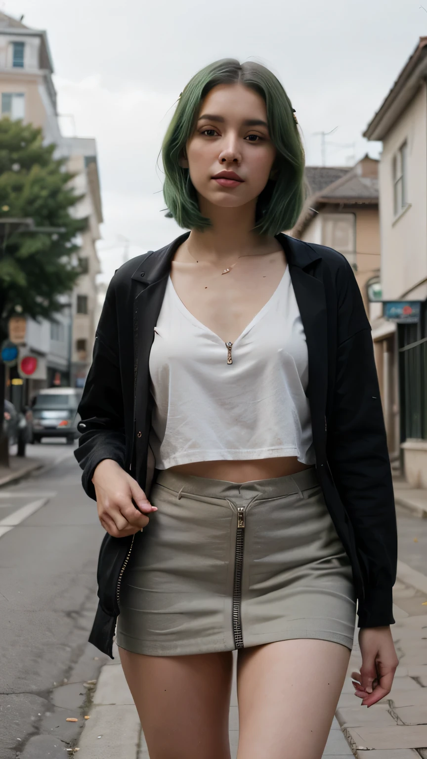 ((best quality)), ((masterpiece)), (detailed), ((perfect face)), ((1girls)), ((nur)), ((green hair)), ((24 years old)), ((White oversized shirt)), ((Blue mom jeans)), ((brown leather waist bag)), ((black suede ankle boots)), ((black sunglasses)), ((street)), ((smile))