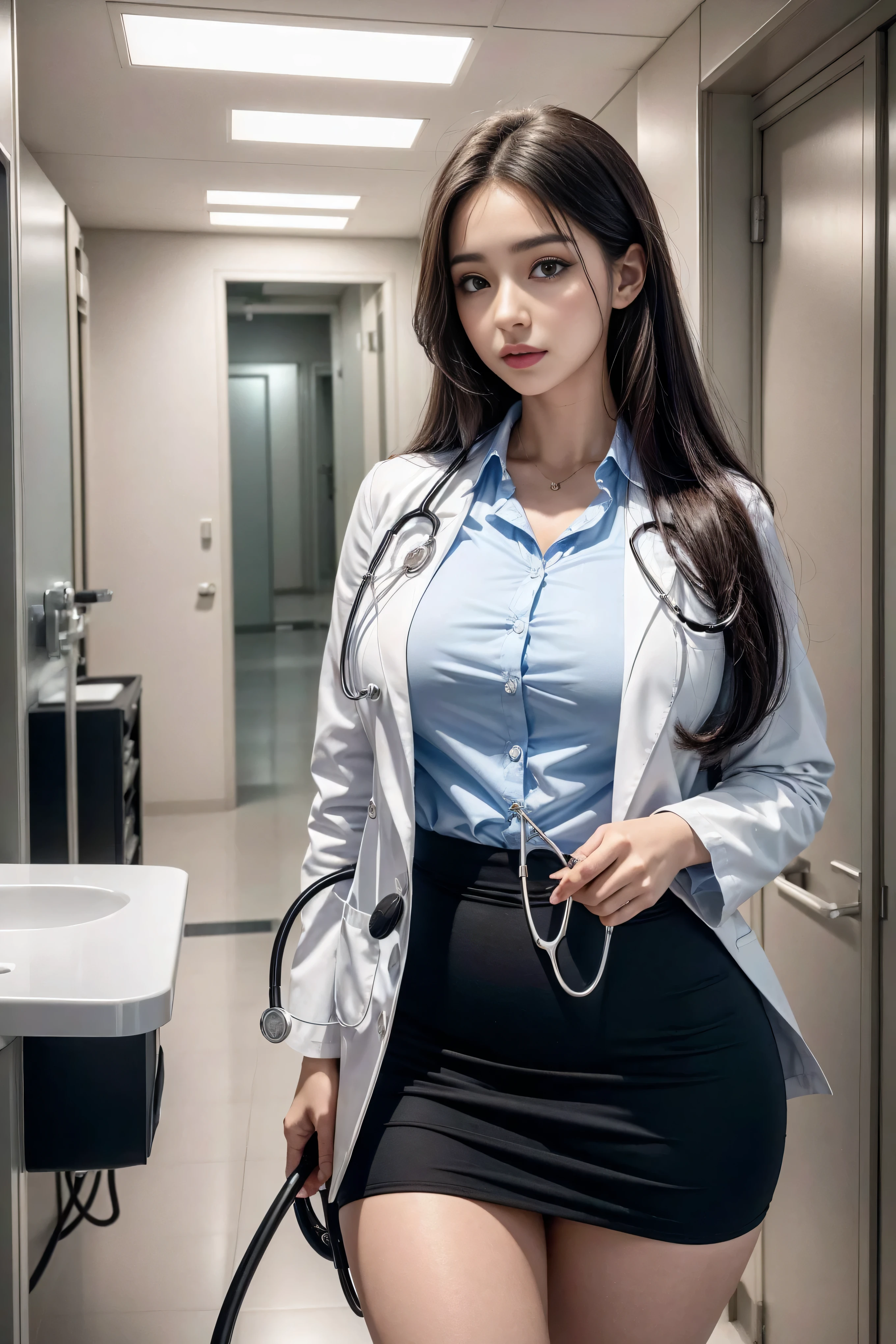 Realistic beautiful doctor、Astonishingly beautiful、doctor white coat, collared shirt、(top quality、8K、32K、masterpiece、north african trade zone:1.3)、ultra high resolution,(Realism:1.4),original photography, Detailed face,,beautiful hair, ((Doctor style)),,((Leg length)), (thigh gap:1.5), , black bodycon skirt、 natural makeup,, plump big breasts、inside the hospital, Detailed background, perfect lighting, depth of field, beautiful shadow gradient,stethoscope ,