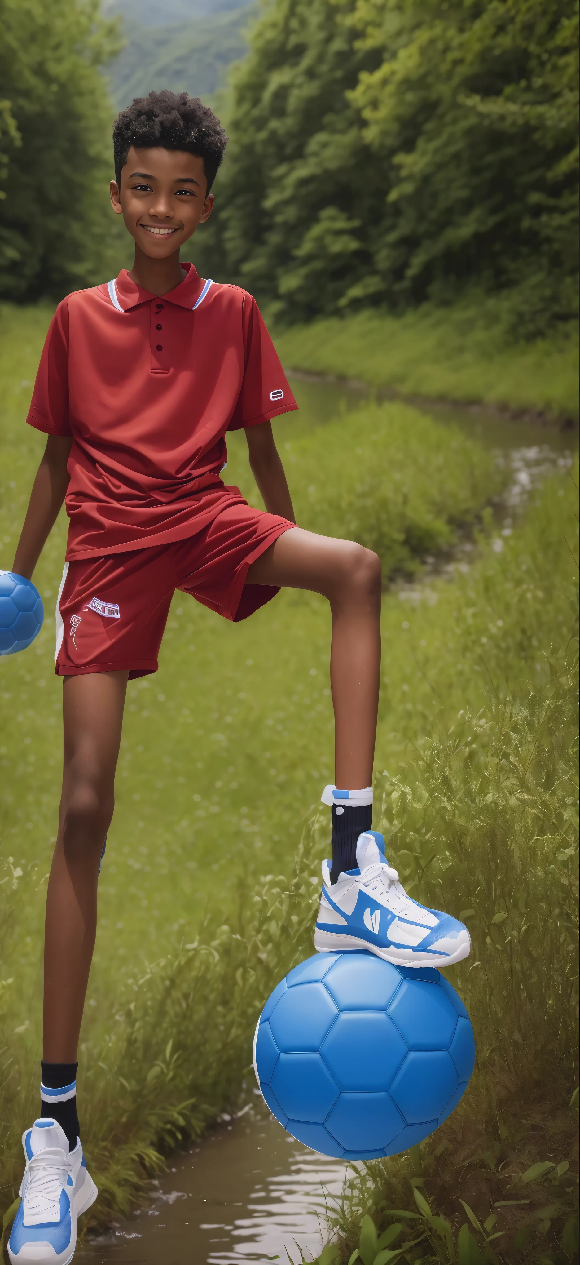 14 year old boy,(Wearing a blue tennis suit,Feet wearing red socks),dark skin,Big round eyes,very short hair,Tall and skinny,toothy smile,There are stars in the sky,There is a starry universe above my head,galaxy,by the river