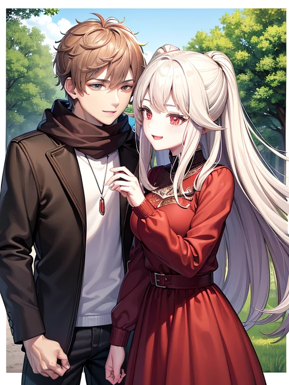 red eyes,details:1.5,(best quality,8k,highres,masterpiece:1.2),ultra-detailed, Foxy boy:1.1, with Brown hair,evils smile,casual clothes,Foxy girl:1.1, with silver hair,feminine,blushing cheeks,near kiss