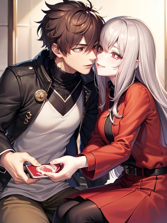 red eyes,details:1.5,(best quality,8k,highres,masterpiece:1.2),ultra-detailed, Foxy boy:1.1, with Brown hair,evils smile,casual clothes,Foxy girl:1.1, with silver hair,feminine,blushing cheeks,near kiss