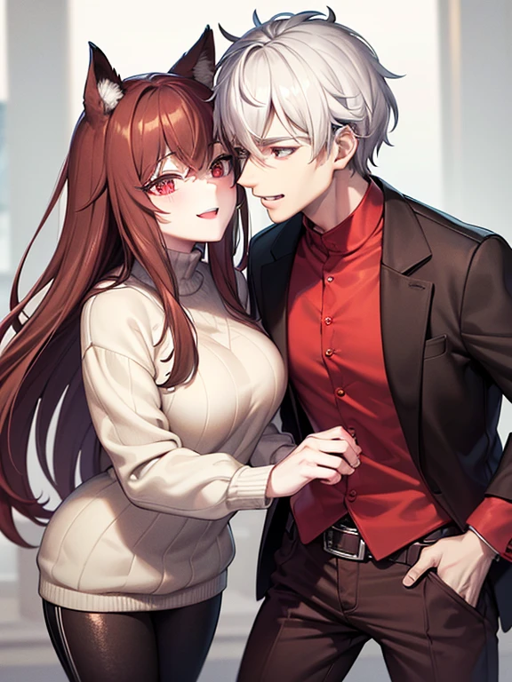 red eyes,details:1.5,(best quality,8k,highres,masterpiece:1.2),ultra-detailed, Foxy boy:1.1, with Brown hair,evils smile,casual clothes,Foxy girl:1.1, with silver hair,feminine,blushing cheeks,near kiss