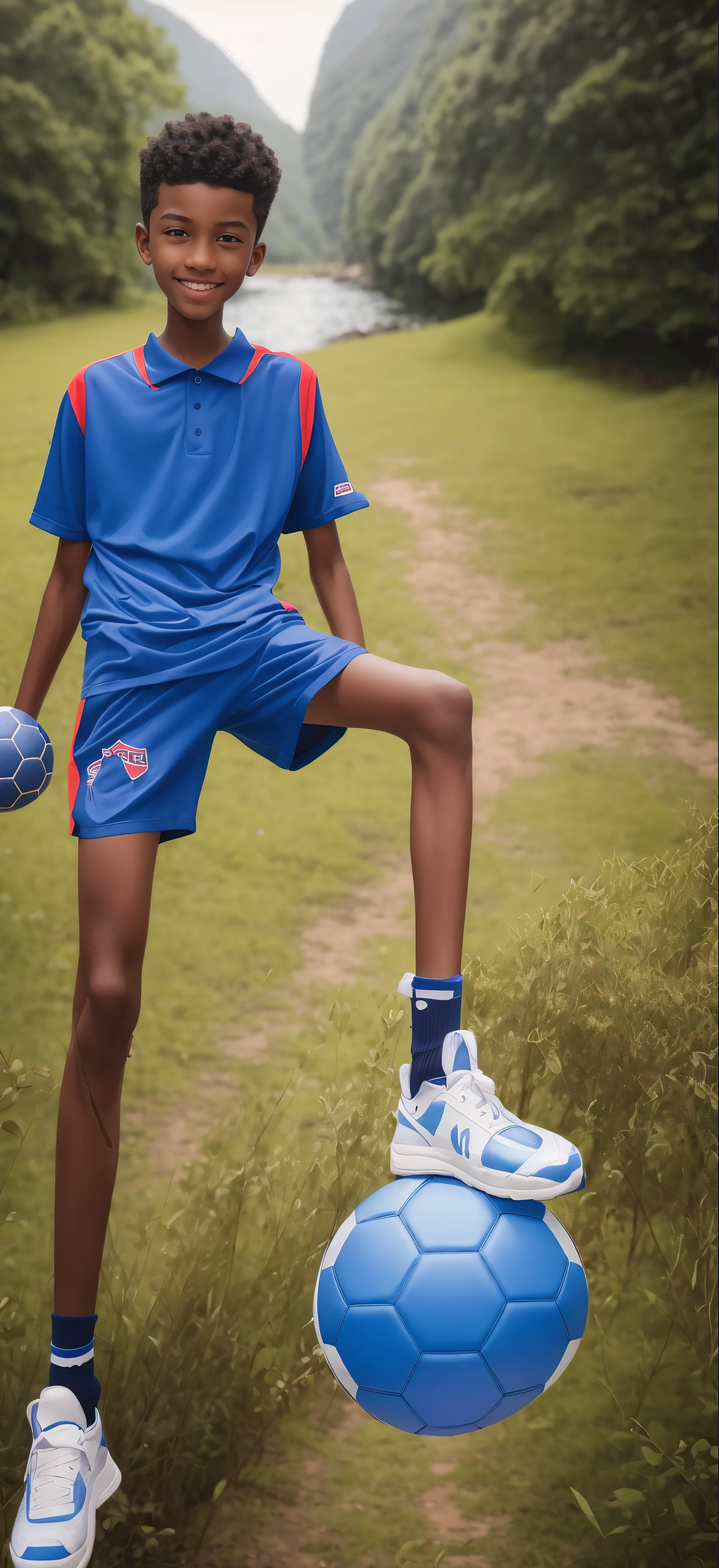14 year old boy,(Wearing a blue tennis suit,Feet wearing red socks),dark skin,Big round eyes,very short hair,Tall and skinny,toothy smile,There are stars in the sky,There is a starry universe above my head,galaxy,by the river