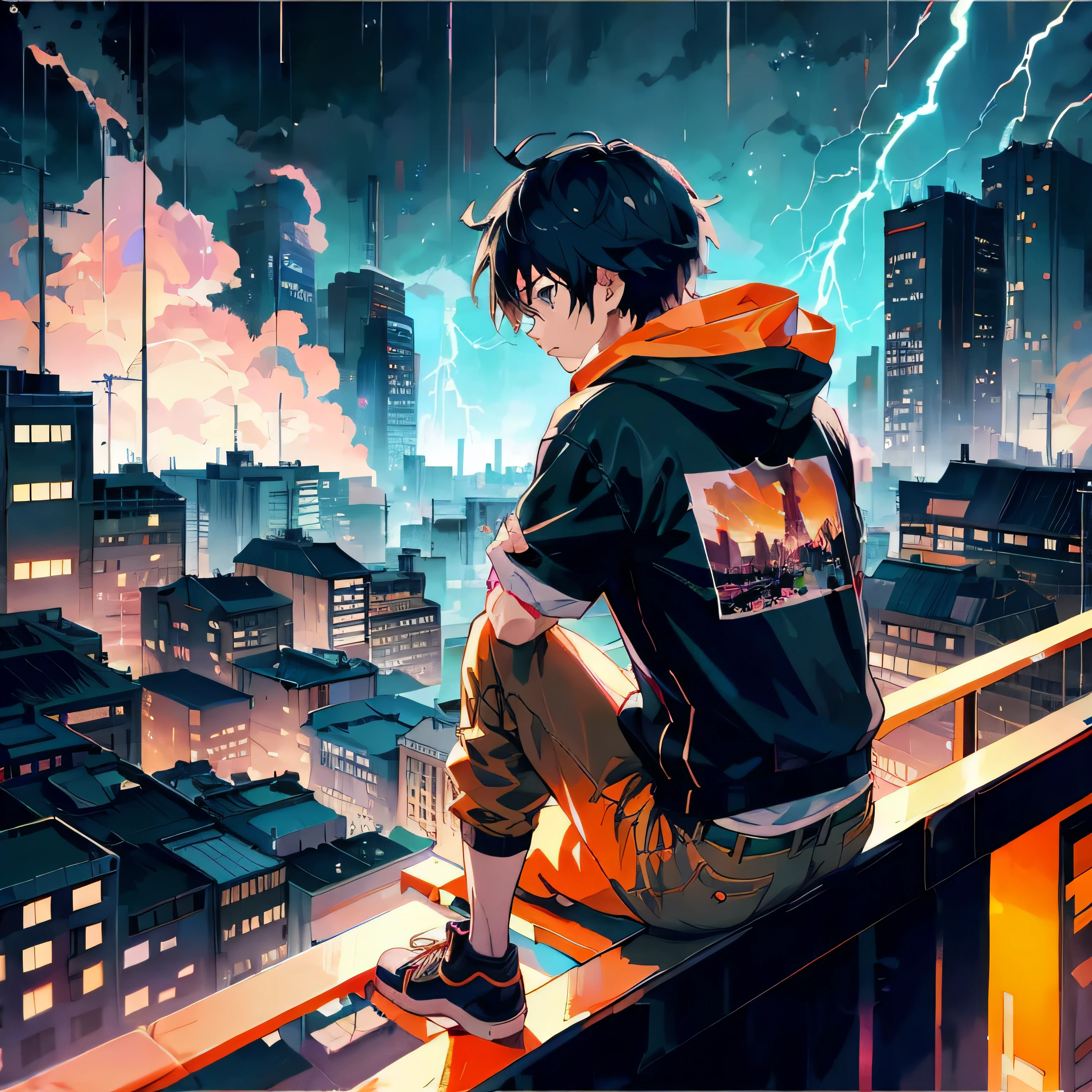 Anime boy sitting by the window and looking at the city skyline with lightning, anime style 4k, anime art wallpaper 4k, anime art wallpaper 4k, anime art wallpaper 8k, anime wallpaper 4k, anime wallpaper 4k, 4k anime wallpaper, digital cyberpunk anime art, Inspired by Liam Wong, makoto shinkai cyril rolando, anime style. 8K