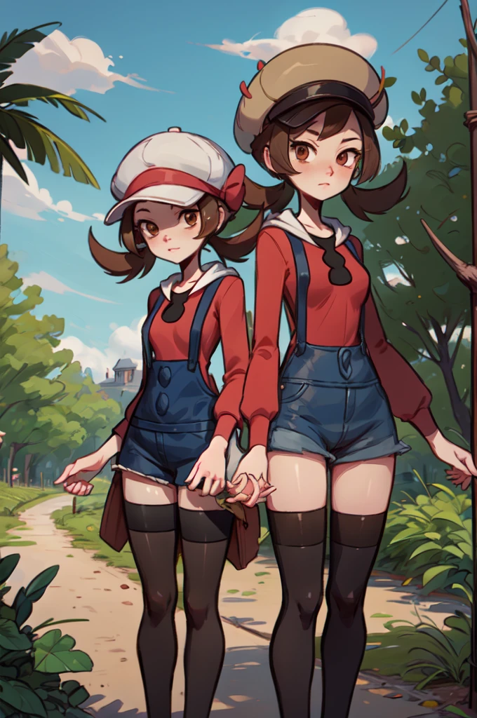 lyra,brown eyes, brown hair, red shirt, denim shorts, overalls, white thighhighs, cabbie hat, bow,  looking at viewer, serious, standing, holding pokeball, outside, field, dirt path, trees, blue sky, high quality, masterpiece, 