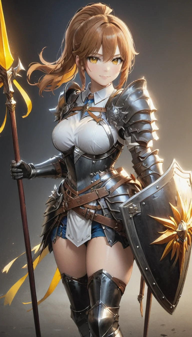1girl, solo, shield, weapon, thighhighs, polearm, gloves, boots, long-hair, black-background, armor, brown-gloves, ponytail, orange-hair, full-body spear, ribbon, holding, simple-background, holding-weapon, looking-at-viewer, hair-ribbon, black-thighhighs, brown-footwear, smile, brown-eyes, shirt, yellow-eyes, standing, shorts, knee-pads, blue-ribbon, belt, shoulder-armor, white-shirt, vest, ((Spear and Shield)), ((big boobs) 1.2), Perfect face