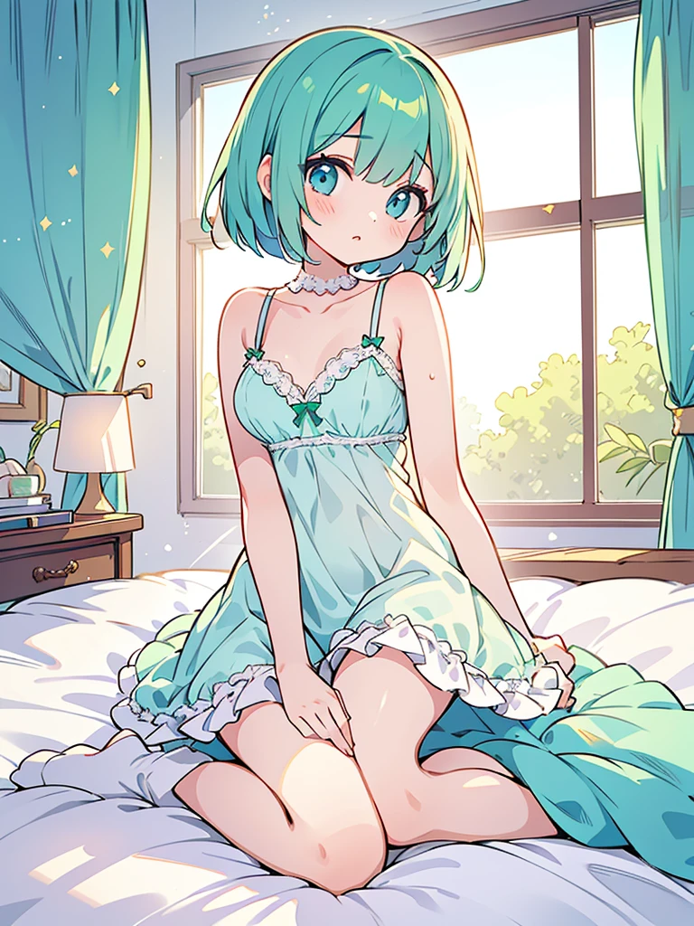 beautiful illustrations, highest quality, pretty girl, 1girl, Bedroom, pastel colour, (two-separated lingerie), cute lingerie, emerald green bob cut, bright lighting, sky-blue eyes
