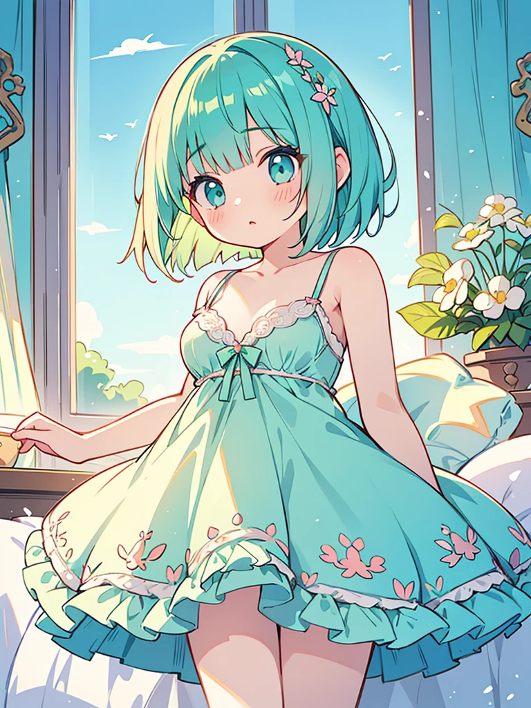 beautiful illustrations, highest quality, pretty girl, 1girl, Bedroom, pastel colour, (two-separated lingerie), cute lingerie, emerald green bob cut, bright lighting, sky-blue eyes