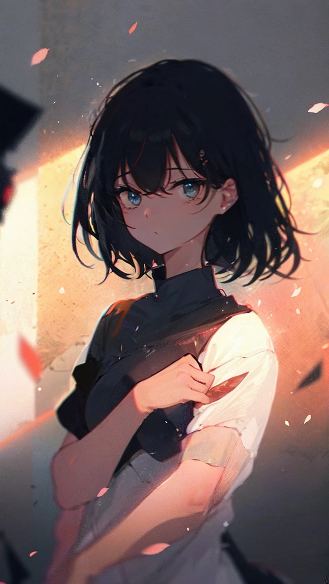 Product illustration of a girl in the rain,cherry blossoms,water中で,water,black hair,short bob,white skin,floating in the sky