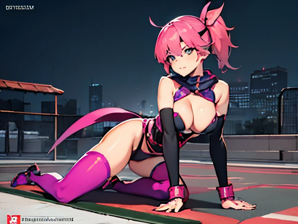 Beautiful and sexy Female Ninja The Mugen Tenshin clan, long hot pink hair, soft blue eyes, perfect breasts, Rooftop, in the rain, Twilight, High quality Render, (DOA) full body