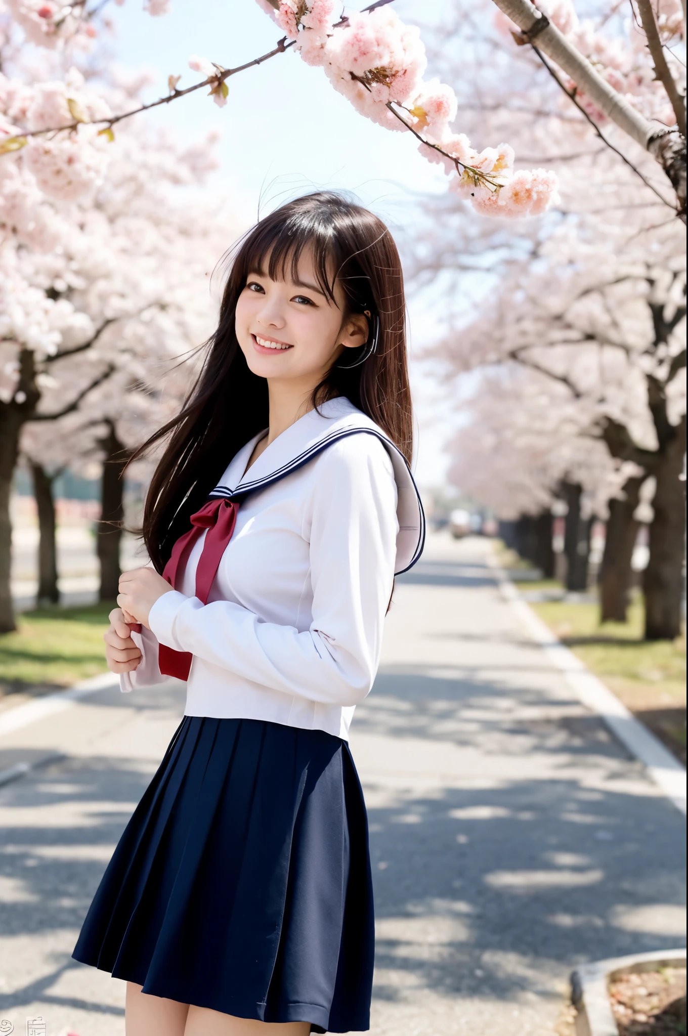 girl in windy cherry blossom street,long-sleeved navy blue sailor dress with flare skirt fluttering,white thong,navy blue high socks,18-year-old,bangs,a little smile,thighs,knees,barrrette,hair blowing in wind,cherry blossom blizzard,from below,front light