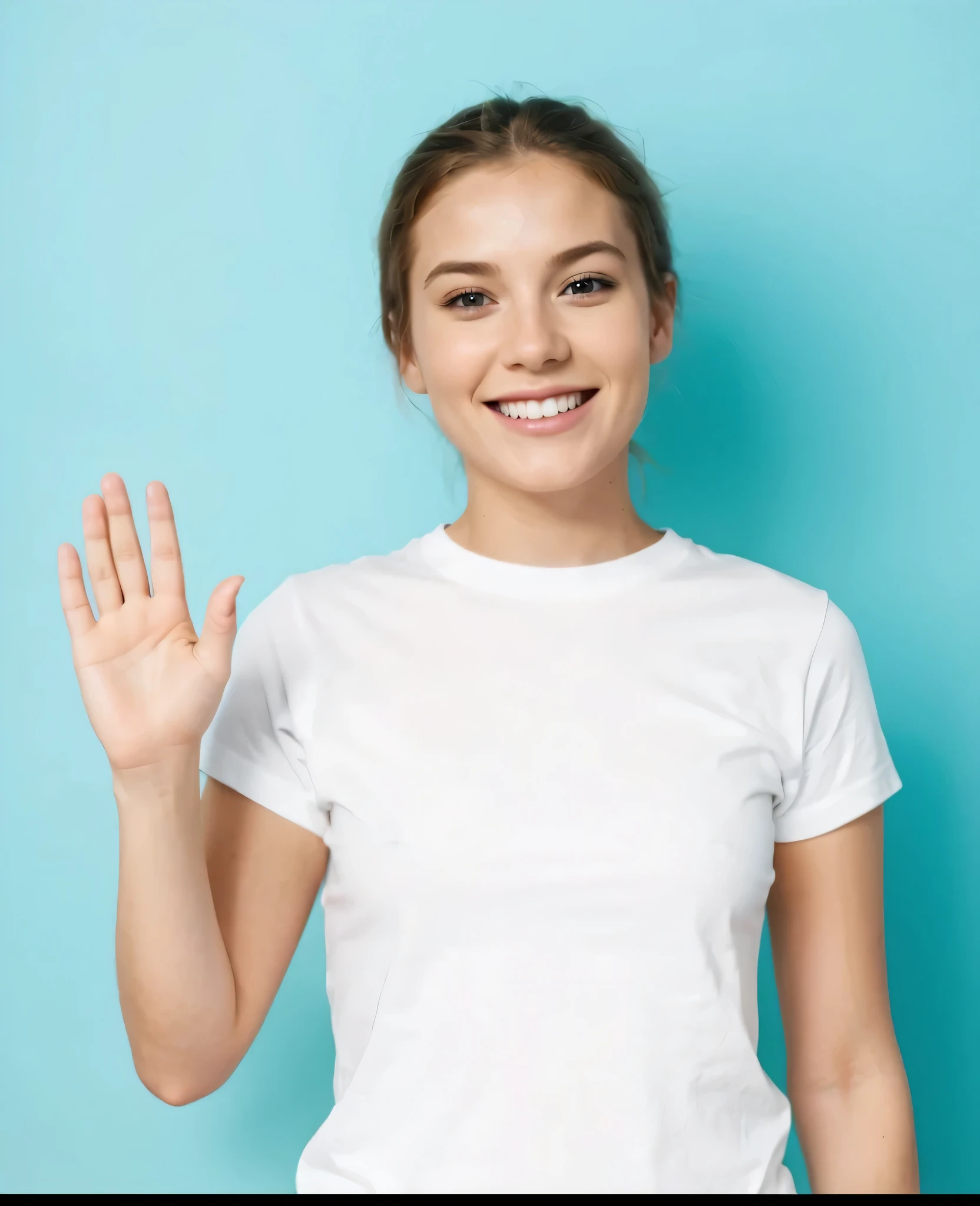 British blonde girl waving red T-shirt in her bedroom 