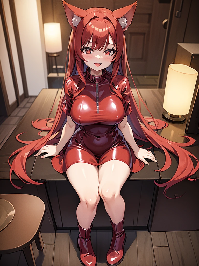 Happy woman, with wolf ears and red hair, holding her cheeks, wolf tail, wearing a latex dress, looking at veiwer, full body, you can see her chest, naked breasts