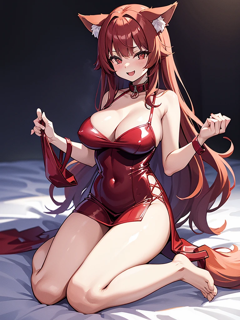 Happy woman, with wolf ears and red hair, holding her cheeks, wolf tail, wearing a latex dress, looking at veiwer, full body, you can see her chest, naked breasts