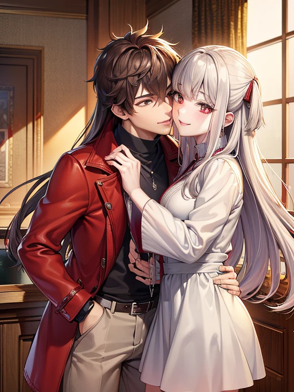 red eyes,details:1.5,(best quality,8k,highres,masterpiece:1.2),ultra-detailed, Foxy boy, with Brown hair,evils smile,casual clothes,Foxy girl, with silver hair,feminine,blushing cheeks,near kiss