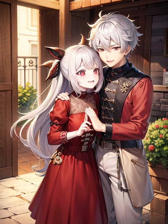 red eyes,details:1.5,(best quality,8k,highres,masterpiece:1.2),ultra-detailed, Foxy boy, with Brown hair,evils smile,casual clothes,Foxy girl, with silver hair,feminine,blushing cheeks,near kiss