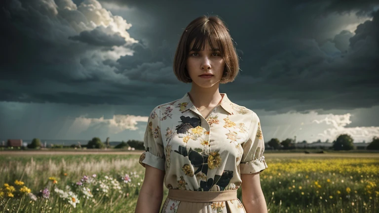 1 woman, 30s, standing in a field of flowers, searching for someone, dressed in a yellow blouse with floral pattern, sleevelessand has collars, brown dress slacks, bob cut hairstyle, dishwater blonde, distressing look on her face, the sky is covered in dark storm clouds, (masterpiece:1.2), best quality, high resolution, beautiful detailed, extremely detailed, perfect lighting,