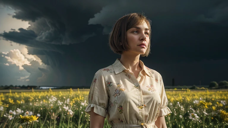 1 woman, 30s, standing in a field of flowers, searching for someone, dressed in a yellow blouse with floral pattern, sleevelessand has collars, brown dress slacks, bob cut hairstyle, dishwater blonde, distressing look on her face, the sky is covered in dark storm clouds, (masterpiece:1.2), best quality, high resolution,   beautiful detailed, extremely detailed, perfect lighting,