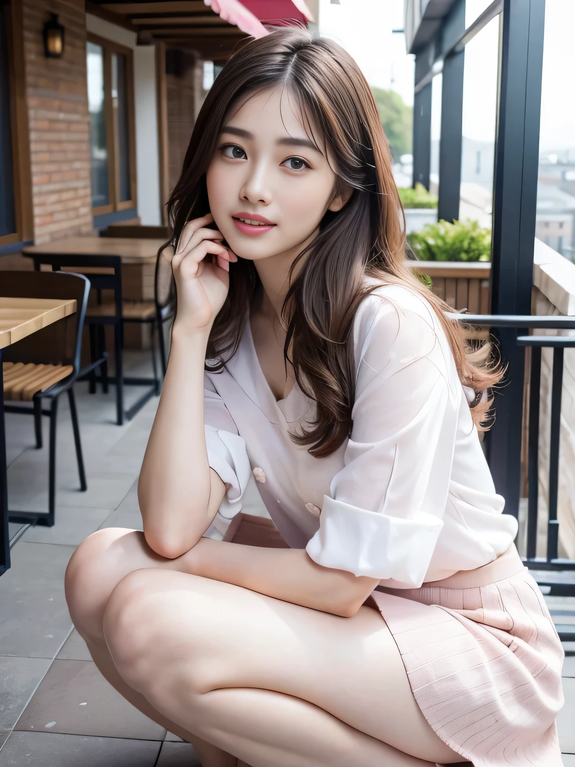 highest quality, realistically, Super detailed, detailed pubic hair, High resolution, 8k wallpaper, 1 beautiful woman, Pink wet lips, light brown messy hair, wearing a suit, shirt, white skirt, lock focus, perfect dynamic composition, beautiful eyes, delicate hair, Detailed realistically skin texture, smile, close-up portrait, model body shape, On the open terrace of the cafe, blurred background, (full body shot), Take photos from a distance, Random body orientation,squat、