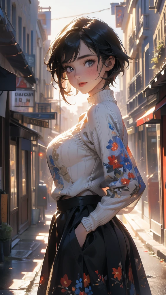 (Highly detailed CG unit 8k wallpaper, masterpiece, High resolution, highest quality, natural skin texture), Composition from head to stomach:1.5, (20 year old woman, Hands in pockets pose:1.3, smile, detailed eyes, gradient eyes), (Stalgic Fashion, detailed costume, fine embroidery, Contrast lace eyelet knit sweater, Asymmetrical short hair:1.2), (Backstreets of Paris:1.3, Colourful flower beds along the road, cinematic lighting), high contrast, hyper realistic, digital painting, concept art,