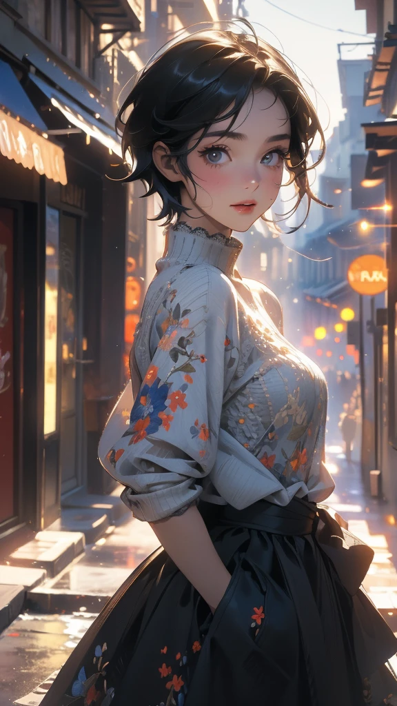 (Highly detailed CG unit 8k wallpaper, masterpiece, High resolution, highest quality, natural skin texture), Composition from head to stomach:1.5, (20 year old woman, Hands in pockets pose:1.3, smile, detailed eyes, gradient eyes), (Stalgic Fashion, detailed costume, fine embroidery, Contrast lace eyelet knit sweater, Asymmetrical short hair:1.2), (Backstreets of Paris:1.3, Colourful flower beds along the road, cinematic lighting), high contrast, hyper realistic, digital painting, concept art,