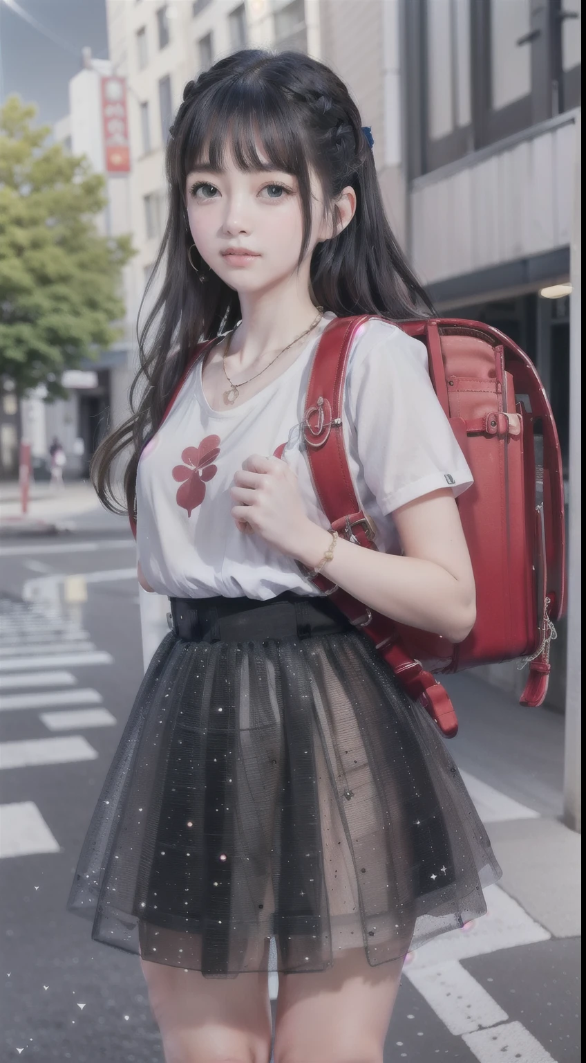 (best quality),[masterpiece],((beautiful:0.75) cute girl:0.75),hd, [clear and clean] pixiv (illustration),long hair,knees up,necklace,jewelry,looking at viewer,close-up,standing,night sky,street, city viewer,neon trim, skirt, shirt, wearing school backpack, (backpack:1.1), red backpack 