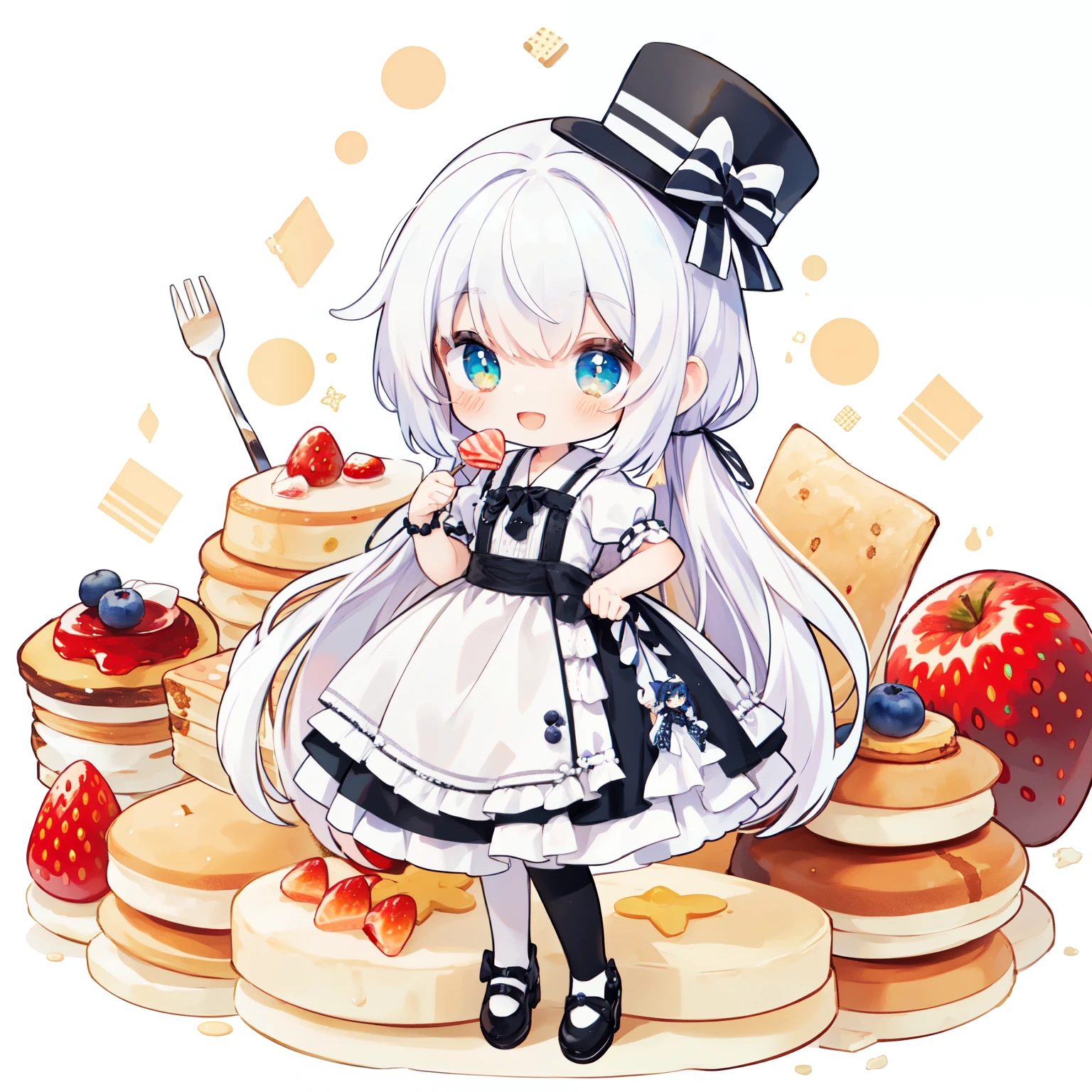 there is a girl that is standing in front of a cake, eating cakes, pixiv, pixiv style, cute art style, splash art anime , , sweets, cute anime style, 😃😀😄☺🙃😉😗, zerochan art, , anime food, detailed fanart, cute anime girl, (PastelColors:1.3)、(Cute illustration:1.3)、tibi:1.3,on the whole cake：1.3、absurderes, hight resolution, Accurate and matchless cake、Decoration cake、some shortcake、What is fresh cream??🍓、Afternoon tea in the background、 red hairs；1.3、 1 (Lori:0.8) Girl Wearing (Strawberry Cake Dress:1.2), (Lots of cakes in the background:1.25), Caramel Plump Parfait / Tray, (White and red dress:1.2), (Big:1.1) (Stovepipe Hat:1.15), Top hat、 (Multicolored:1.25) hair, (Smile, Happy:1.2),Tidy poses,Girl with a fork break (Solo:1.1), (Cute illustration:0.5),(fuwafuwa illustration:0.8), Standing Detailed background、1girl in、Smile with open mouth、Beautifully detailed、Moya Detailed background、1girl in、Charming smile、Beautifully detailed、Moya、colourfull、marble、Particles of light、patterns、 Detailed drawing、Vibrant colors、striking contrast、intricate detailes、Delicate depiction、Luminescent、 Beautiful facial features、Brightly colored eyes、Wearing intricate and delicate ornaments、glowing aura、Radiant hair,1girl in, rounded eyes, big anime eyes, Pupils in a solid circle, , a pixie cut, Smile, Small breasts, (kawaii, White background, floating, blueberry, Strawberries, fruits, a cake, jam jar, muffin, lollipop, apple pie, Sweets Explosion:1.3), Gothic Lolita Dress, Mini skirt, Garter belt with stockings, Platform footwear, Hair Ornament,1 girl、absurdres, highres, BREAK (lots of:1.4) (multiple) (chibi:1.2) (girls:1.4) on Piles of (giant:1.2) (pancakes:1.2), midget, (jammed:1.3), (happy, smile:1.2), foodphoto, cafe BREAK