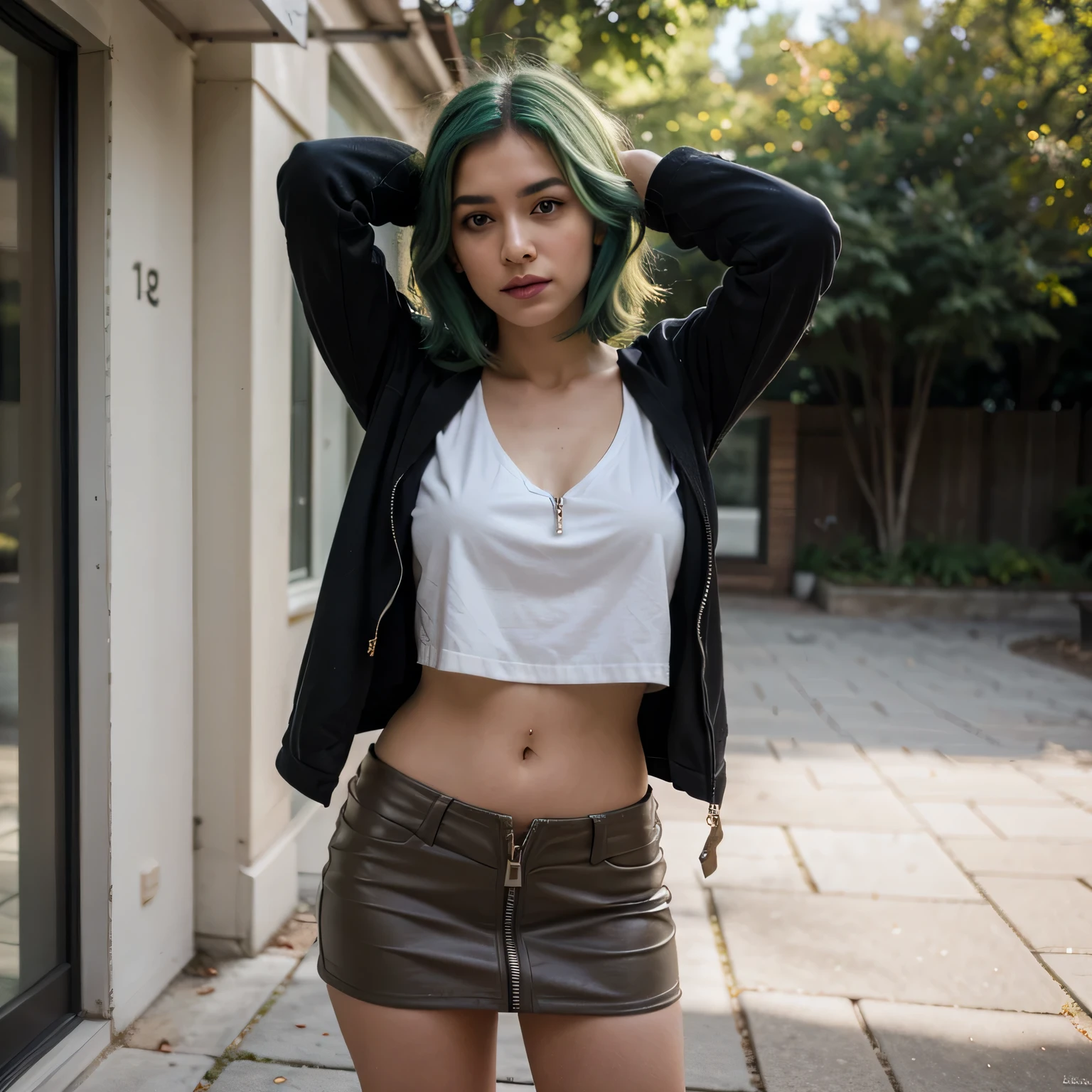 1girls, Nur, green Hair , 24 years old , She is wearing a lace blouse, a zippered mini skirt, summer sport shoes, colorful jewelry, and light-toned makeup.