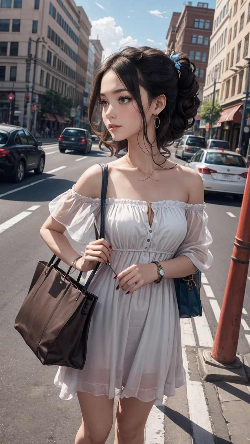 (最high quality, 8K, masterpiece: 1.3, Ultra HD, high quality, 最high quality, High resolution, realism)) 、25 year old white woman、brunette、blue eyes、long hair、smile、slender、slenderだがアスリートのような細マッチョ、I don&#39;t want my head to disappear from the screen.、Wear accessories on your wrist、Wearing red nail polish、I have a peticure、Wear a sheer one-shoulder dress、wear sandals、Carry a tote bag over your shoulder、Skyscraper background、Waiting for a traffic light at an intersection、crystal earrings((crystal earrings))、side up((hair one side up))