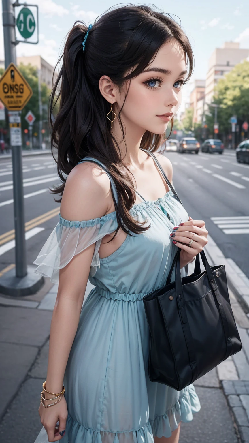 (最high quality, 8K, masterpiece: 1.3, Ultra HD, high quality, 最high quality, High resolution, realism)) 、25 year old white woman、brunette、blue eyes、long hair、smile、slender、slenderだがアスリートのような細マッチョ、I don't want my head to disappear from the screen.、Wear accessories on your wrist、Wearing red nail polish、I have a peticure、Wear a sheer one-shoulder dress、wear sandals、Carry a tote bag over your shoulder、Skyscraper background、Waiting for a traffic light at an intersection、crystal earrings((crystal earrings))、side up((hair one side up))