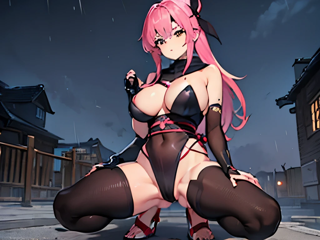 Beautiful and sexy Female Ninja The Mugen Tenshin clan, long hot pink hair, soft blue eyes, perfect breasts, Rooftop, in the rain, Twilight, High quality Render, (DOA) full body