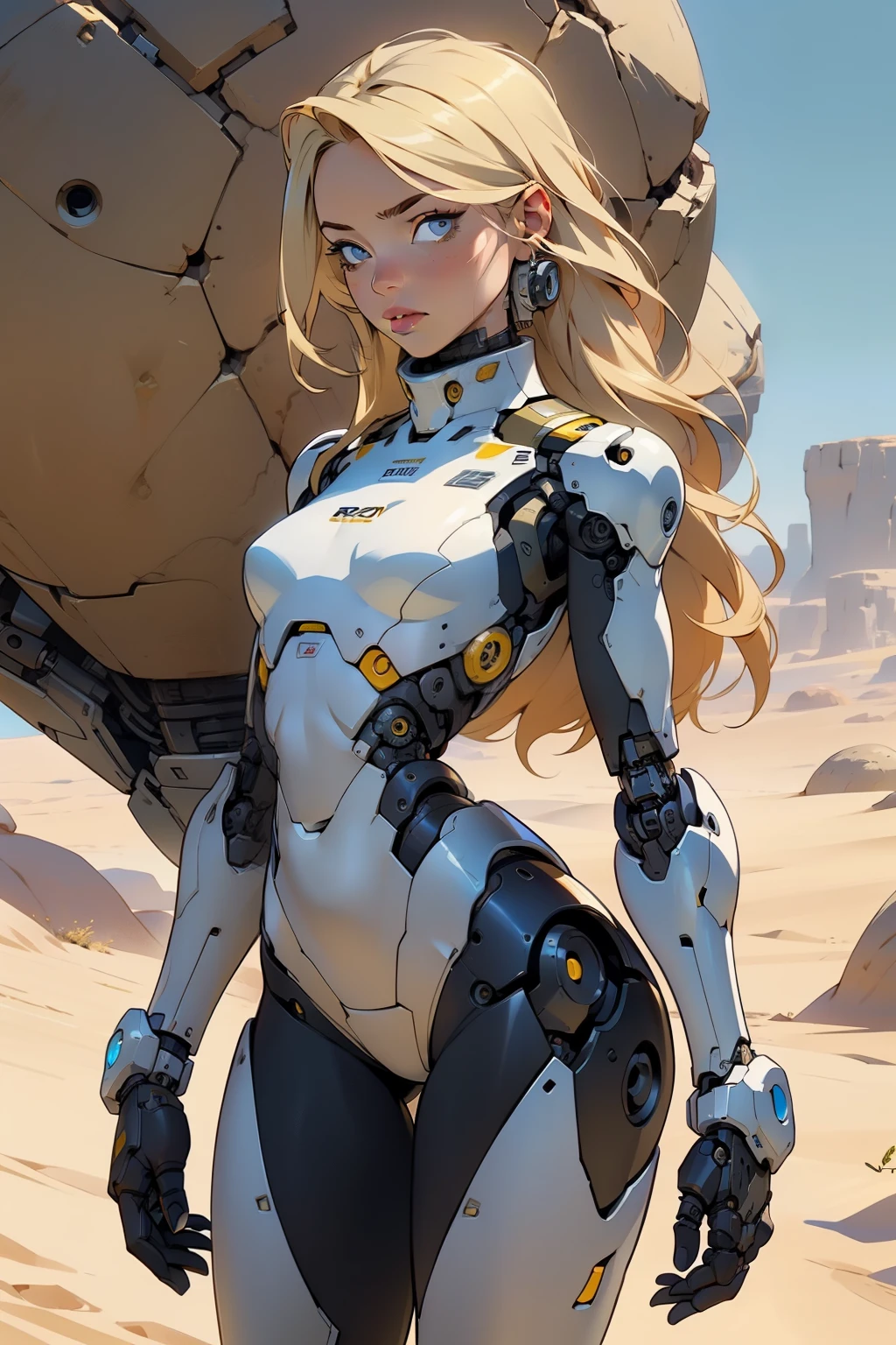 high quality, 4k, masterpiece, beautiful, cyborg girl, cowboy shot, dull eyes, looking at viewer, long blonde hair, girl, small breasts, slim thighs, robotic arms, robotic body, cyborg body, yellow accent, intricate detail, joint, detailed lines, robotic detail, holding fist up, holding hand up as fist, color robotic parts, robotic parts with color, perfect fingers, on a desert planet, sunny background, colorful desert,