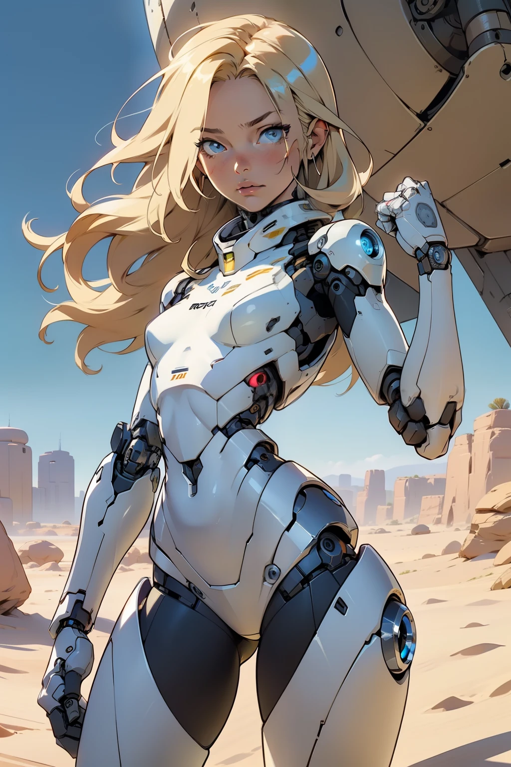 high quality, 4k, masterpiece, beautiful, cyborg girl, cowboy shot, dull eyes, looking at viewer, long blonde hair, girl, small breasts, slim thighs, robotic arms, robotic body, cyborg body, yellow accent, intricate detail, joint, detailed lines, robotic detail, holding fist up, holding hand up as fist, color robotic parts, robotic parts with color, perfect fingers, on a desert planet, sunny background, colorful desert,