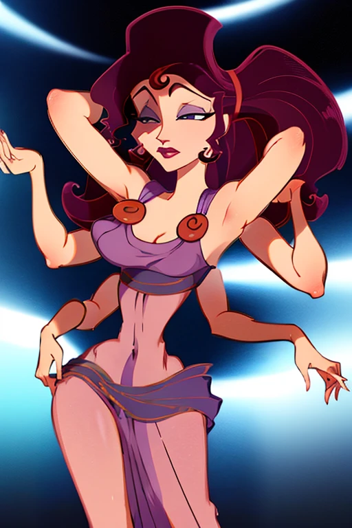 Conjoined naked Megara with three heads, six arms and huge siliconed tits