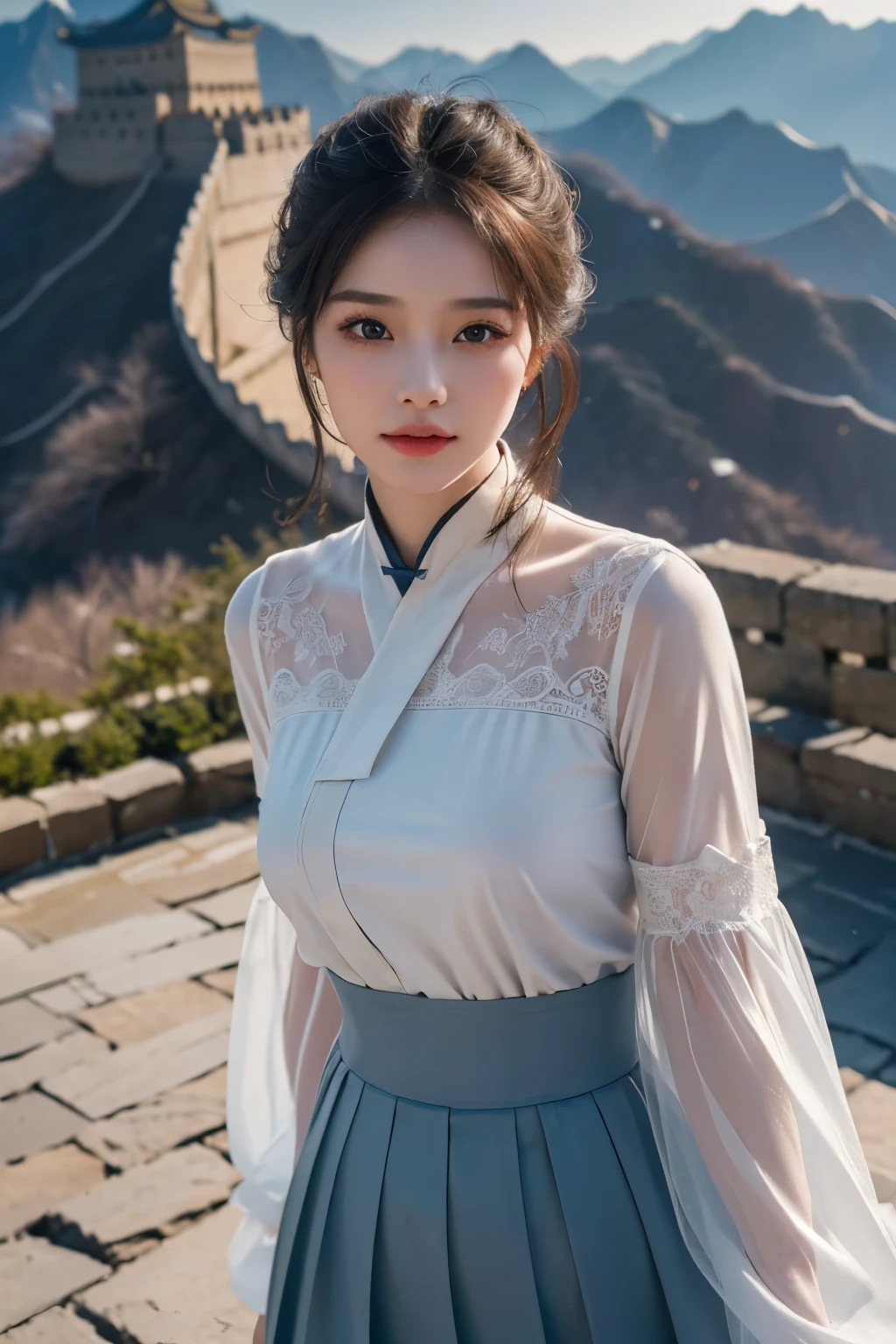 1 girl, on the Great Wall of China,Telegraph slang, Exquisite eyes,beautiful and delicate lips,very detailed 눈과 얼굴,long eyelashes, enchanted scenery,(best quality,4K,8 thousand,high resolution,masterpiece:1.2),very detailed,(realistic,realistic,realistic:1.37), sexy dress, skirt