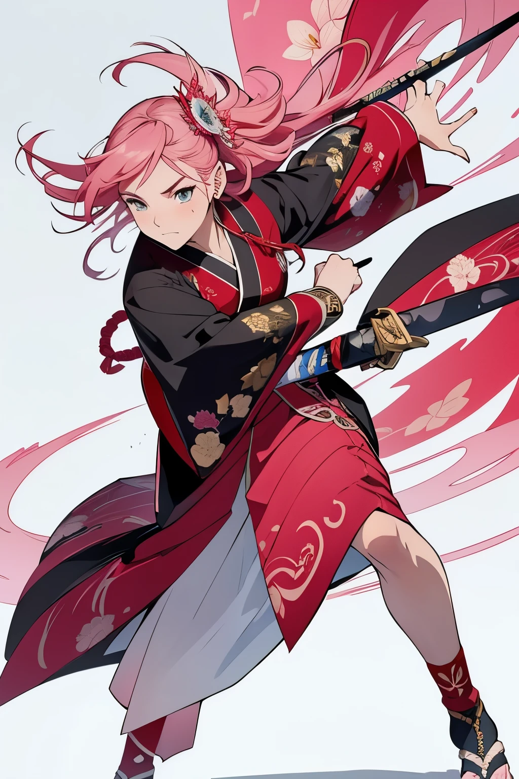 ((Vibrant colors:1.2), Exquisite detailing, Intricate patterns, Historical accuracy, Traditional attire:1.2), Heian-era demon hunter with a graceful demeanor, Energetic pose, Pink kimono adorned with intricate floral motifs, Red-pink hair flowing in elegant waves, Whip-shaped katana held with confidence, Masterful craftsmanship, (Dynamic stance:1.2), Striking contrast, (Elaborate hair accessory), (Delicate embroidery:1.2), (Subtle blush on cheeks), (Meticulously designed footwear), Captivating expression, (Intense gaze), (Expertly crafted whip handle), (Sleek blade), (Whip-like movement:1.2), (Fluid motion