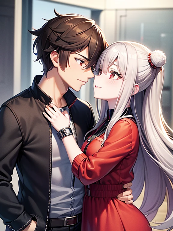 A foxy boy with red eyes and brown hair, showcasing intricate details (1.5x), and presented in the best quality of 6k resolution. He exudes an air of mischief with an evil smile, dressed in casual clothes. Accompanying him is a foxy girl with silver hair, who radiates femininity. Her cheeks have a subtle blush, and they appear to be leaning in for a near kiss. The overall image will be ultra-detailed, with a masterpiece-like quality (1.2x), capturing every nuance and expression of the characters.