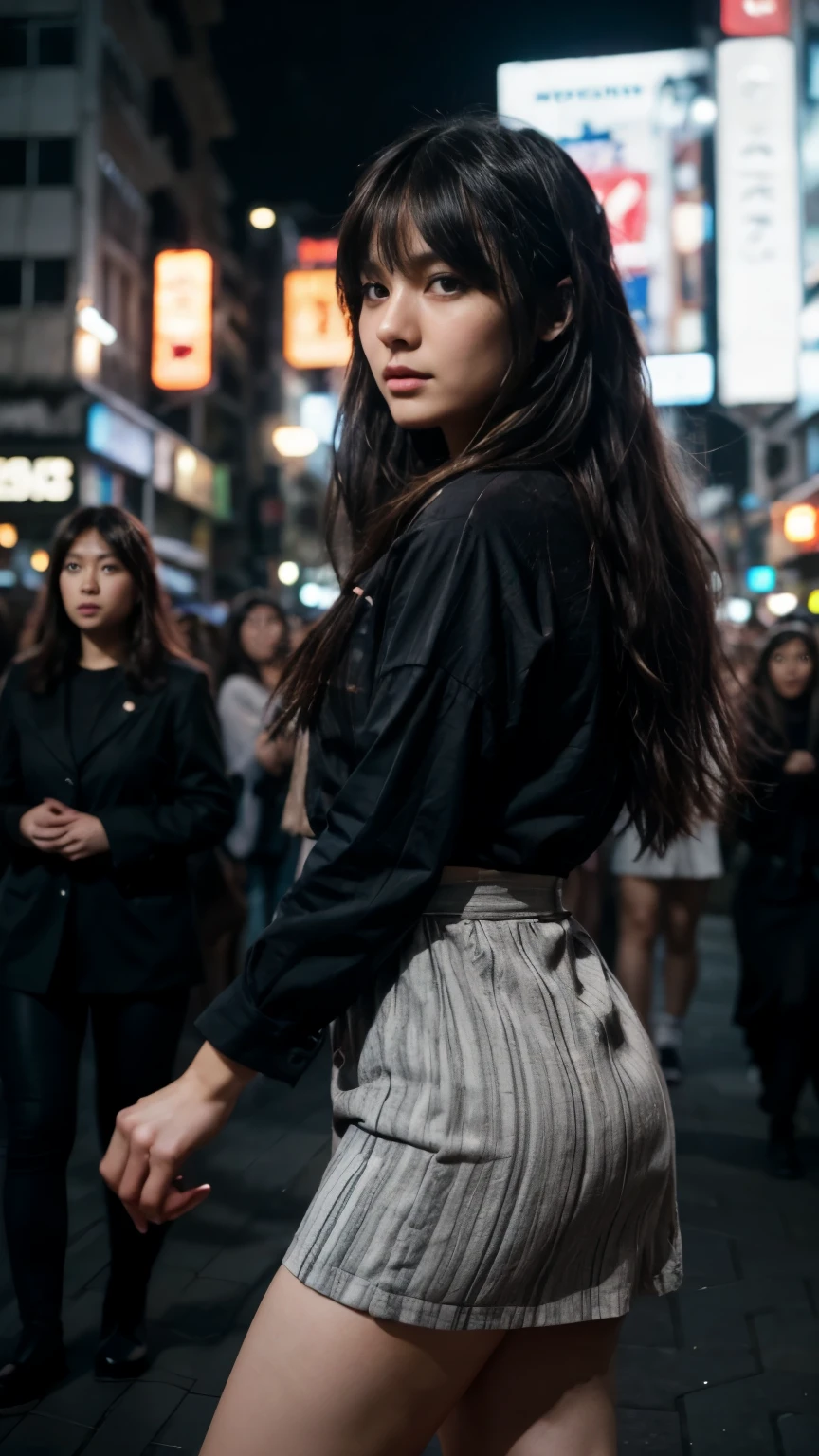 Full body view from pretty japanese danish women wearing striped shirt and long skirt with high heel in the middle of the crowd, hair blowing in the wind, black wavy hair with bangs, people motionblur, neon motion, crowd motion, depth of field, Long exposure photography, ultra highly detailed, 8k, cinematic scene, dark ambient lighting, perfect object, detailed face and eyes, detailed lips, perfect body, city night, taken from below, fisheye lens, RAW photo