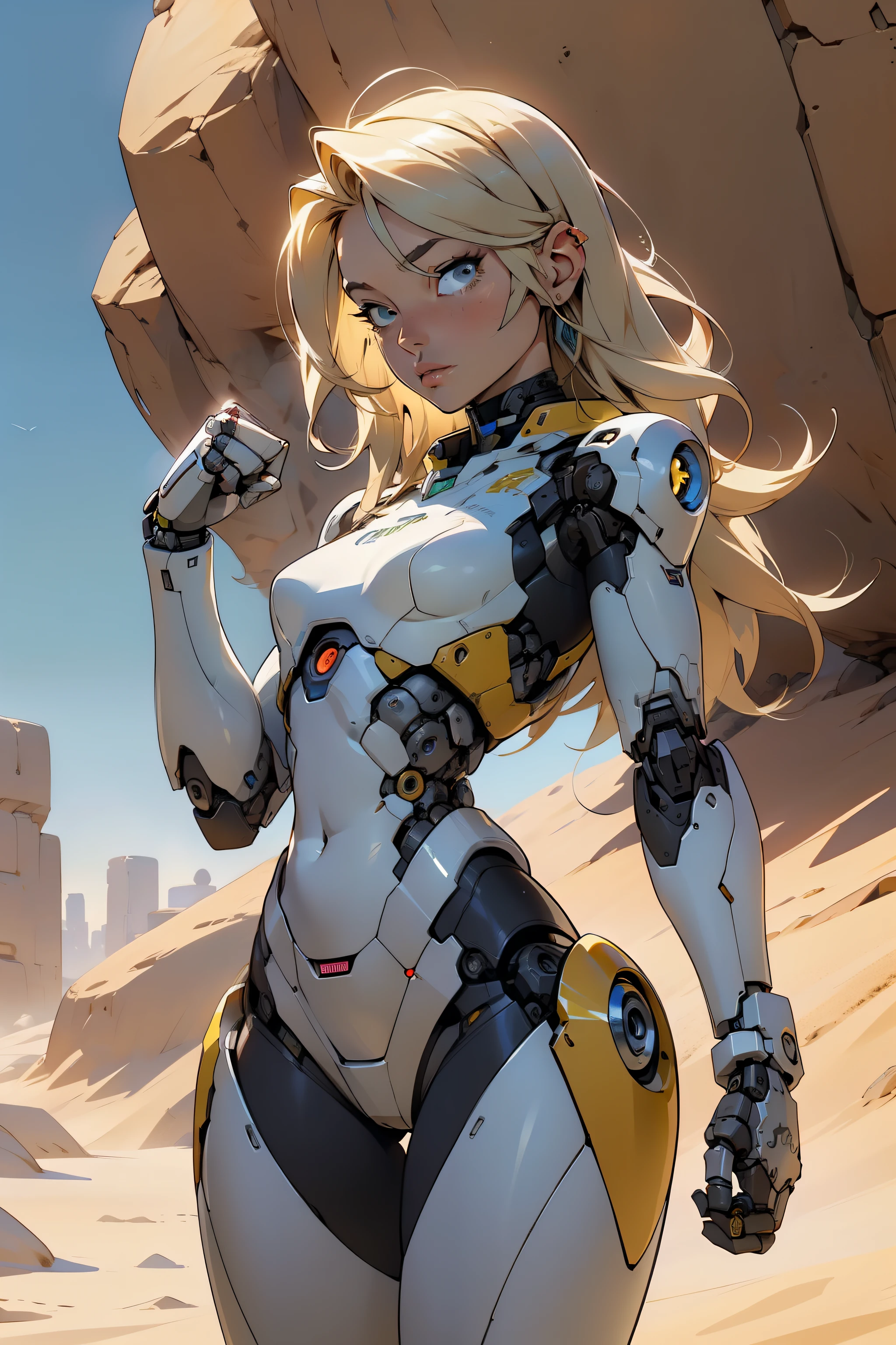 high quality, 4k, masterpiece, beautiful, cyborg girl, cowboy shot, dull eyes, looking at viewer, long blonde hair, girl, small breasts, slim thighs, robotic arms, robotic body, cyborg body, yellow accent, intricate detail, joint, detailed lines, robotic detail, holding fist up, holding hand up as fist, color robotic parts, robotic parts with color, perfect fingers, on a desert planet, sunny background, colorful desert,