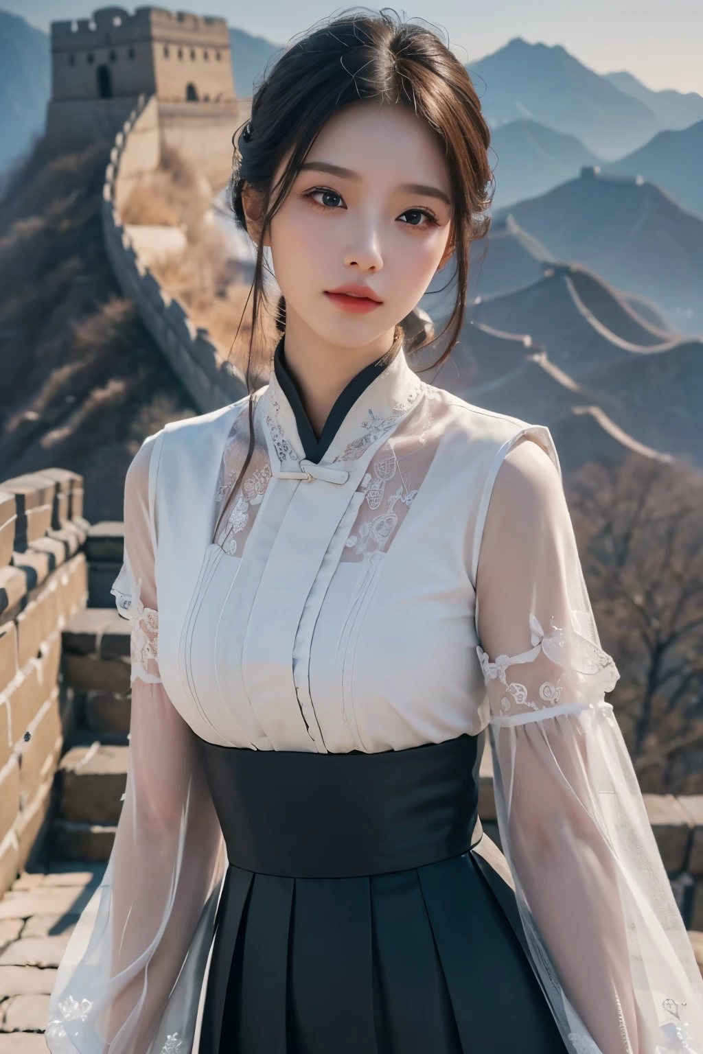 1 girl, on the Great Wall of China,Telegraph slang, Exquisite eyes,beautiful and delicate lips,very detailed 눈과 얼굴,long eyelashes, enchanted scenery,(best quality,4K,8 thousand,high resolution,masterpiece:1.2),very detailed,(realistic,realistic,realistic:1.37), sexy dress, skirt