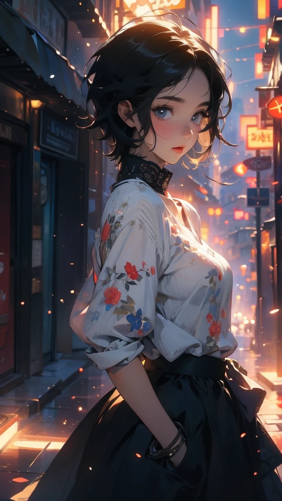 (Highly detailed CG unit 8k wallpaper, masterpiece, High resolution, highest quality, natural skin texture), Composition from head to stomach:1.5, (20 year old woman, Hands in pockets pose:1.3, smile, detailed eyes, gradient eyes), (Stalgic Fashion, detailed costume, fine embroidery, Contrast lace eyelet knit sweater, Asymmetrical short hair:1.2), (Backstreets of Paris:1.3, Colourful flower beds along the road, cinematic lighting), high contrast, hyper realistic, digital painting, concept art,